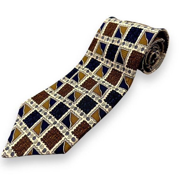 Nob Hill Mens Silk Dress Tie Made in Italy Square Scroll Geometric Design 57" 4" - Picture 1 of 12